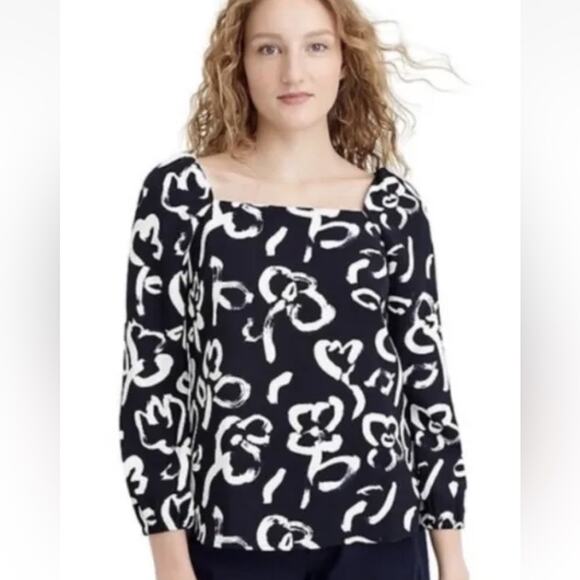 J Crew Floral Brush Stroke Top Sz 6 Crepe Navy Ivory Puff Sleeves Square Neck‎ - Picture 1 of 11